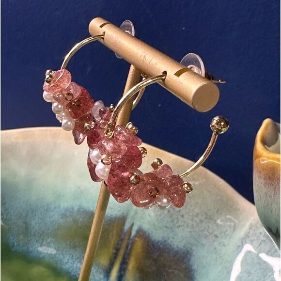 Handcrafted Pink & Gold Tone Hoop Earrings - Picture 2 of 3